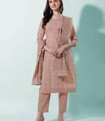 Beige Brown Ajarak Printed Cotton Kurta With Pant and Dupatta Set 