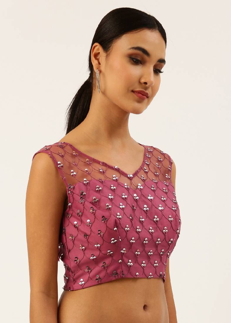 Blouse:- Rose Gold-Toned with Colour Ready to Wear Net Stitched Blouse