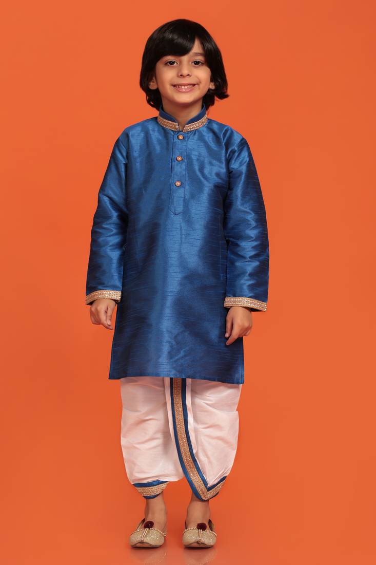 Blue plain silk blend boys-dhoti-kurta