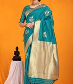 Turquoise woven Faux kanchipuram silk saree with blouse
