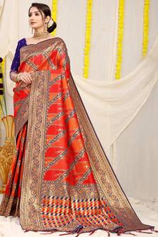 Orange woven Faux kanchipuram silk saree with blouse