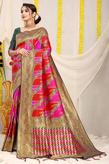 Red woven Faux kanchipuram silk saree with blouse