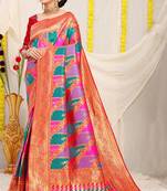 Turquoise woven Faux kanchipuram silk saree with blouse