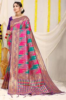 Purple woven Faux kanchipuram silk saree with blouse