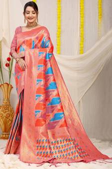 Blue woven Faux kanchipuram silk saree with blouse