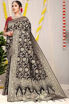 Black woven Faux kanchipuram silk saree with blouse