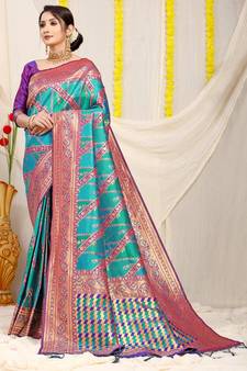 Turquoise woven Faux kanchipuram silk saree with blouse
