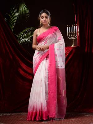 White hand woven silk cotton saree with blouse 1