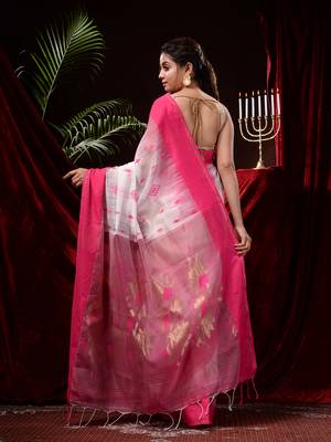 White hand woven silk cotton saree with blouse 3