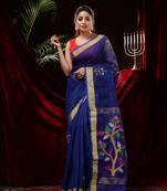 Blue hand woven matka silk saree with blouse