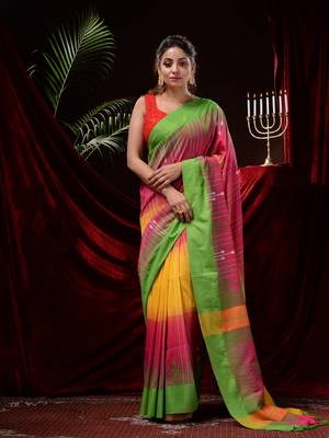 Multicolor hand woven pure cotton saree with blouse 1