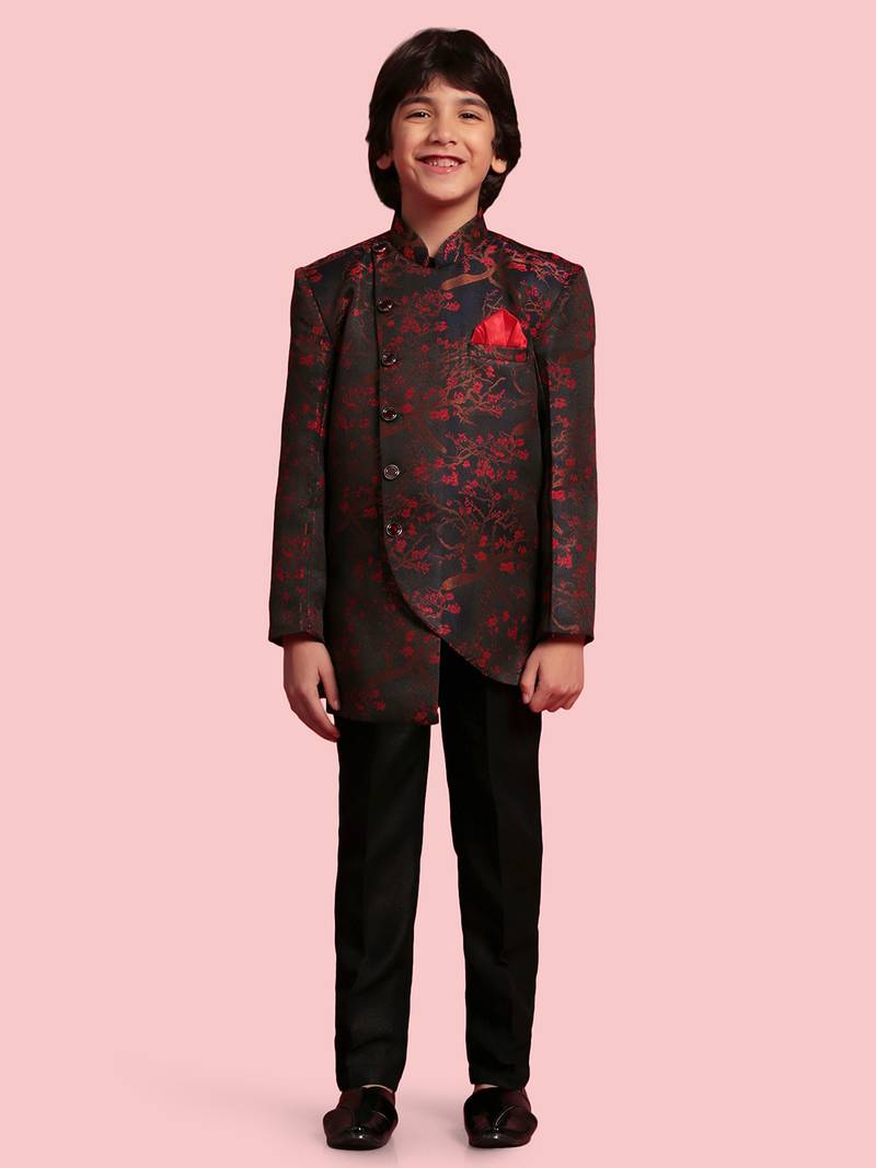 Red plain jaquard boys-indo-western-dress