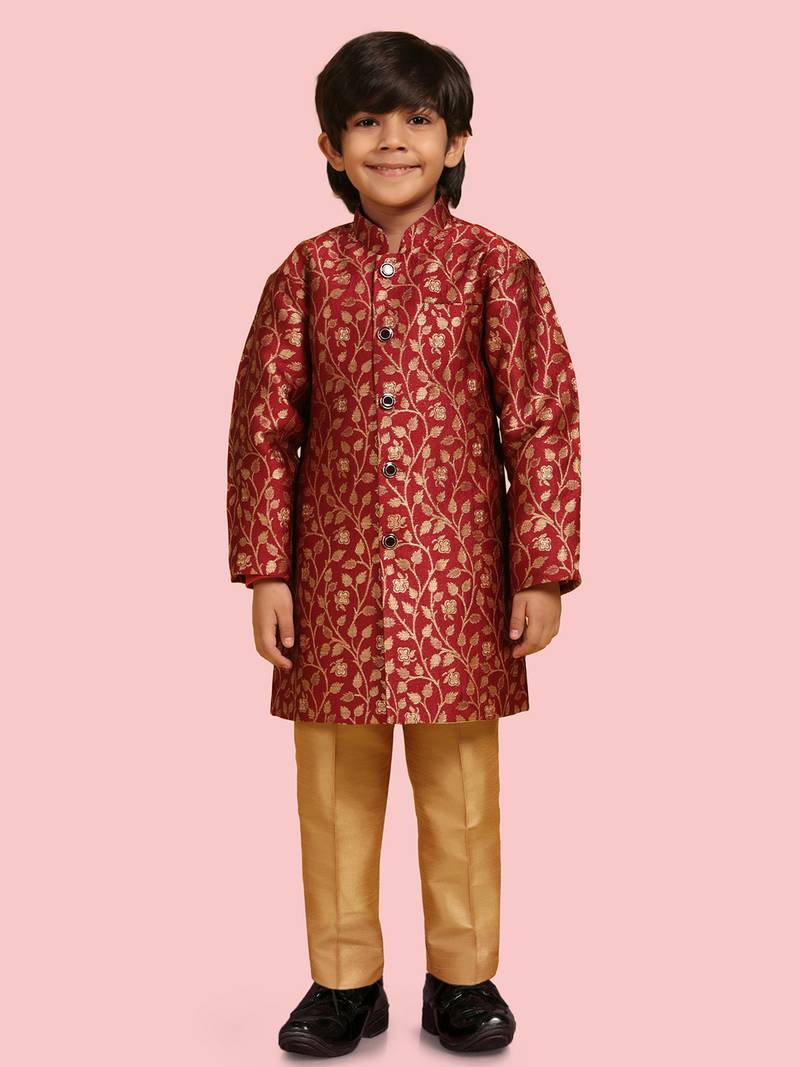 Red plain jaquard boys-sherwani