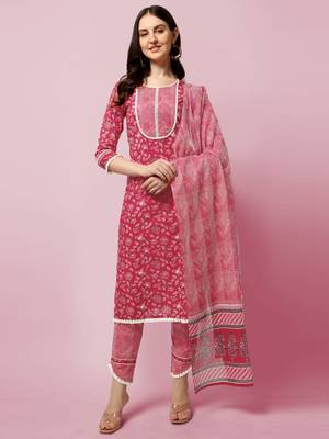 Red Floral Printed Sequins Gotta Patti Cotton Kurta With Pant and Dupatta Set  1