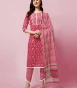 Red Floral Printed Sequins Gotta Patti Cotton Kurta With Pant and Dupatta Set