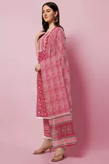 Red Floral Printed Sequins Gotta Patti Cotton Kurta With Pant and Dupatta Set 