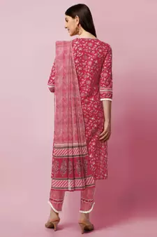 Red Floral Printed Sequins Gotta Patti Cotton Kurta With Pant and Dupatta Set 