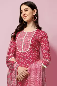 Red Floral Printed Sequins Gotta Patti Cotton Kurta With Pant and Dupatta Set 