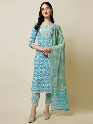 Aqua Blue, White Floral Printed Sequins Gotta Patti Cotton Kurta With Pant and Dupatta Set  1