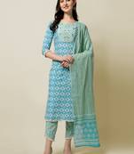 Aqua Blue, White Floral Printed Sequins Gotta Patti Cotton Kurta With Pant and Dupatta Set