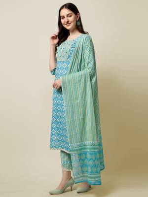 Aqua Blue, White Floral Printed Sequins Gotta Patti Cotton Kurta With Pant and Dupatta Set  2