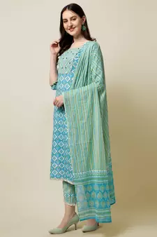 Aqua Blue, White Floral Printed Sequins Gotta Patti Cotton Kurta With Pant and Dupatta Set 