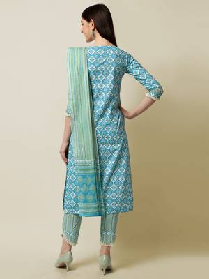 Aqua Blue, White Floral Printed Sequins Gotta Patti Cotton Kurta With Pant and Dupatta Set  3