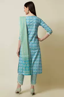 Aqua Blue, White Floral Printed Sequins Gotta Patti Cotton Kurta With Pant and Dupatta Set 