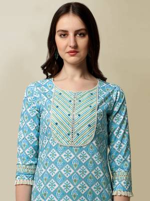 Aqua Blue, White Floral Printed Sequins Gotta Patti Cotton Kurta With Pant and Dupatta Set  4
