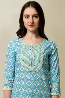 Aqua Blue, White Floral Printed Sequins Gotta Patti Cotton Kurta With Pant and Dupatta Set 