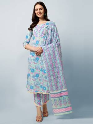 Sea Green, Pink Floral Printed Sequins Gotta Patti Cotton Kurta With Pant and Dupatta Set  1