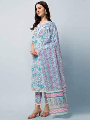 Sea Green, Pink Floral Printed Sequins Gotta Patti Cotton Kurta With Pant and Dupatta Set  2