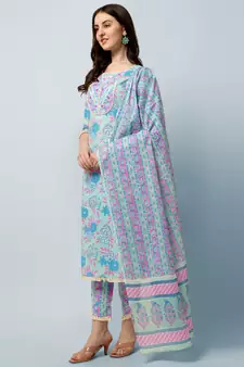 Sea Green, Pink Floral Printed Sequins Gotta Patti Cotton Kurta With Pant and Dupatta Set 