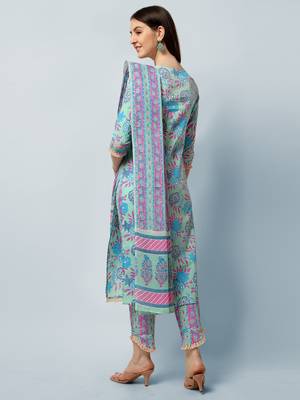 Sea Green, Pink Floral Printed Sequins Gotta Patti Cotton Kurta With Pant and Dupatta Set  3