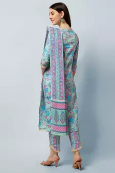 Sea Green, Pink Floral Printed Sequins Gotta Patti Cotton Kurta With Pant and Dupatta Set 