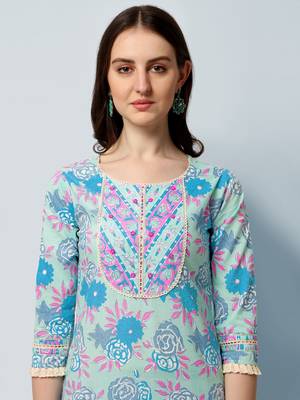 Sea Green, Pink Floral Printed Sequins Gotta Patti Cotton Kurta With Pant and Dupatta Set  4