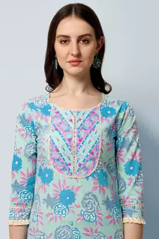 Sea Green, Pink Floral Printed Sequins Gotta Patti Cotton Kurta With Pant and Dupatta Set 