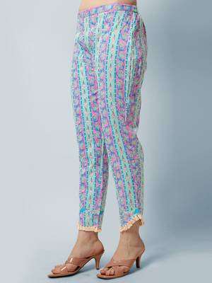 Sea Green, Pink Floral Printed Sequins Gotta Patti Cotton Kurta With Pant and Dupatta Set  5