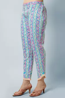 Sea Green, Pink Floral Printed Sequins Gotta Patti Cotton Kurta With Pant and Dupatta Set 