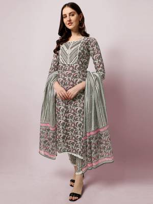 Grey Crimson Floral Printed Sequins Gotta Patti Cotton Kurta With Pant and Dupatta Set  1