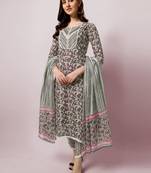 Grey Crimson Floral Printed Sequins Gotta Patti Cotton Kurta With Pant and Dupatta Set