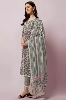 Grey Crimson Floral Printed Sequins Gotta Patti Cotton Kurta With Pant and Dupatta Set 