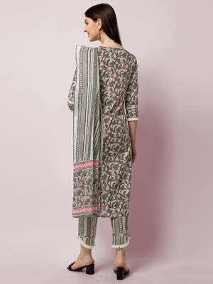 Grey Crimson Floral Printed Sequins Gotta Patti Cotton Kurta With Pant and Dupatta Set  3