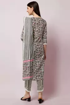 Grey Crimson Floral Printed Sequins Gotta Patti Cotton Kurta With Pant and Dupatta Set 
