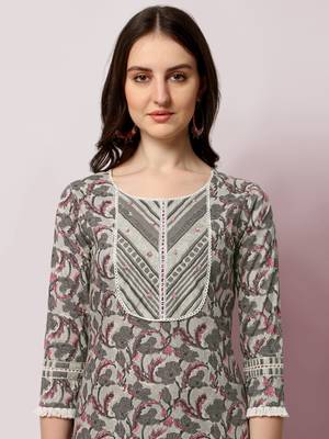 Grey Crimson Floral Printed Sequins Gotta Patti Cotton Kurta With Pant and Dupatta Set  4
