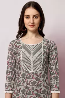 Grey Crimson Floral Printed Sequins Gotta Patti Cotton Kurta With Pant and Dupatta Set 