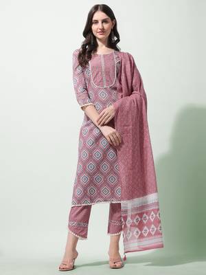 Coral Floral Printed Sequins Gotta Patti Cotton Kurta With Pant and Dupatta Set  1