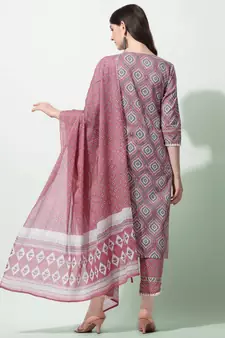 Coral Floral Printed Sequins Gotta Patti Cotton Kurta With Pant and Dupatta Set 