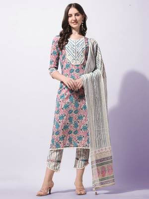 Cream, Blue Floral Printed Sequins Gotta Patti Cotton Kurta With Pant and Dupatta Set  1