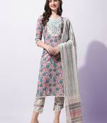 Cream, Blue Floral Printed Sequins Gotta Patti Cotton Kurta With Pant and Dupatta Set